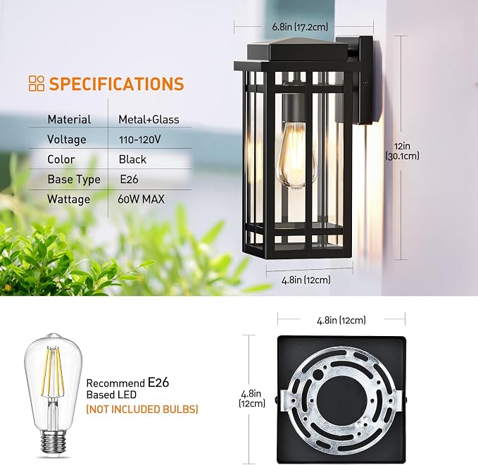 12'' Outdoor Wall Lights 2 Packs, Black Porch Light Outdoor Lighting | Waterproof Exterior Lighting Fixtures Sconce Lanterns, Modern Outside Lights for House Garage Front Door Patio (No Sensor)
