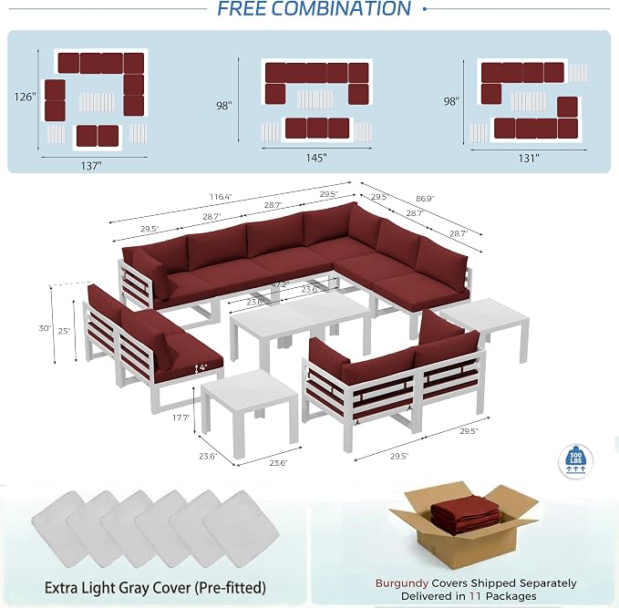 NICESOUL 14 Piece Luxury Aluminum Outdoor Sectional Sofa with End Table, L Shaped Oversized Modular Patio Furniture Set, 29" Deep Wide Seating, 500 lbs Heavy Duty Conversation Set for Backyard, Red