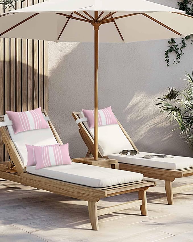 Pack of 4 Outdoor Lumbar Pillow Covers 12x20 Inch, Pink White Stripe Waterproof Throw Pillow Covers Set, Modern Rustic Vertical Striped Indoor&Outdoor Decorative Cushion Cases for Patio Porch Beach