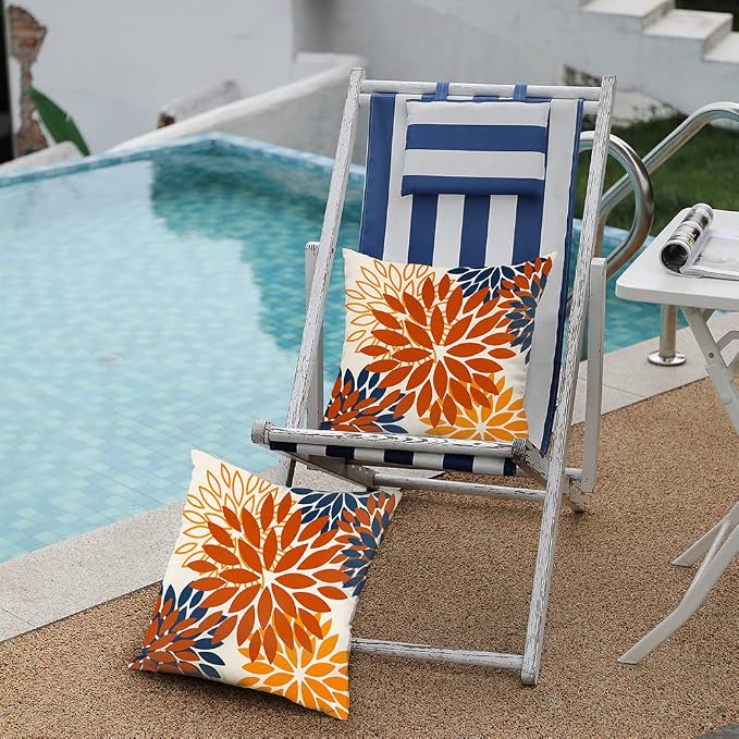 DFXSZ Outdoor Waterproof Pillow Covers 18x18 Set of 2 Orange Blue Flower | Spring Summer Waterproof Flower Throw Pillowcases（No Inserts）Outdoor Decor for Fall Patio Funiture Garden Polyester Covers