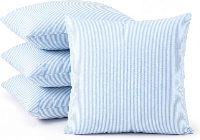 Huhumy Blue Throw Pillow Cover 18" x 18" for Home Decoration Striped Modern Style Decorative Cushion Covers No Inserts Seersucker Pillow Cover for Living Room, Chair, Bed, Couch, Set of 4