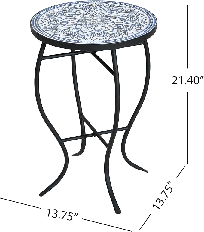 IRONORA Mosaic Tile Round Side Table, Blue White Mandala Patio End Table, Curved Black Metal Frame Weather Resistant Accent Table for Balcony Backyard Porch Living Room