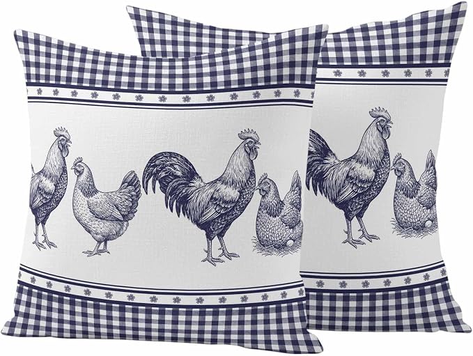 Navy Blue Rooster Outdoor Pillow Covers Waterproof, All Weather Cushion Case Set of 2, Vintage Farmhouse Blue Plaid Decorative Pillowcases for Sofa Couch Bed Decor Patio Furniture 20"x20"