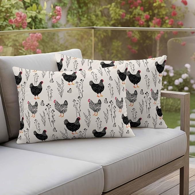 Beige Farm Chicken Outdoor Pillow Covers 20"x12" Set of 2, Country Farmhouse Black White Rooster Flower Leaf Waterproof Throw Pillow Covers for Patio Furniture, Decorative Cushion Covers for Porch