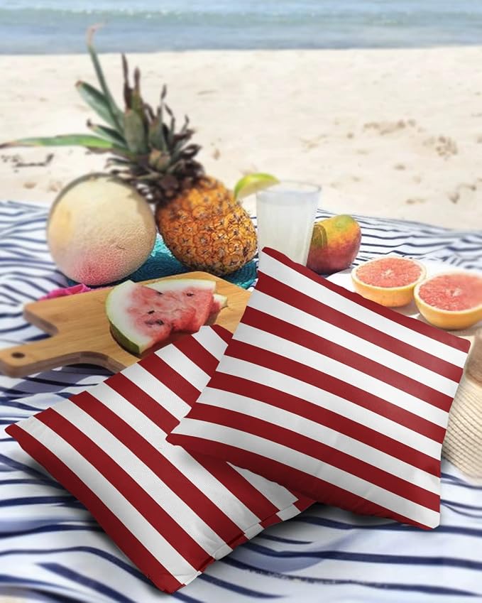 Outdoor Waterproof Pillow Covers for Patio Furniture Merry Christmas Decorative Throw Pillow Cover Red And White Stripes Pillowcases Set of 2 Cushion Case for Sofa Couch Chair Home Decor 16 x 16 In