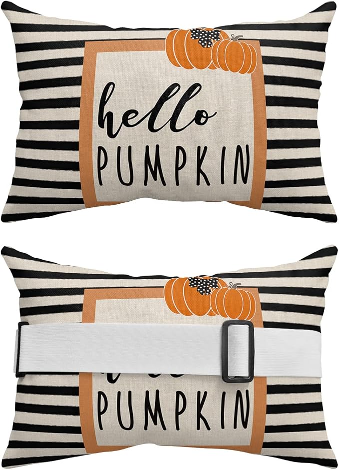 Outdoor Pillows Covers with Inserts Hello Pumpkin Black White Stripe Waterproof Recliner Pillow with Adjustable Strap Throw Pillows for Patio Furniture Pool Lounge Chair, 11x16 inch, 2PCS