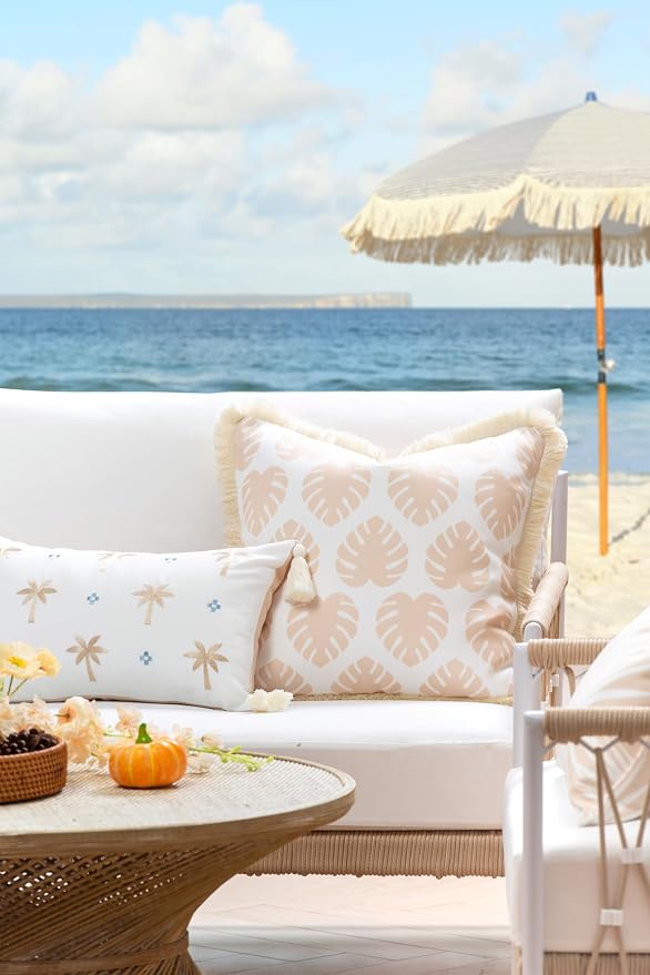 Hofdeco Premium Fall Coastal Patio Indoor Outdoor Pillow Cover Only, 20"x20" Water Repellent for Backyard, Couch, Neutral Tan Monstera Leaf Fringe