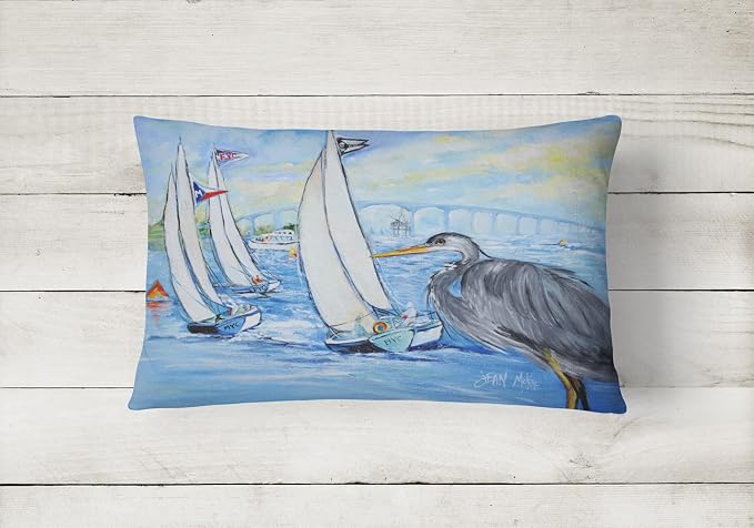 Caroline's Treasures JMK1001PW1216 Blue Heron Sailboats Dog River Bridge Canvas Fabric Decorative Pillow Machine Washable, Indoor Outdoor Decorative Pillow for Couch, Bed or Patio, 12HX16W