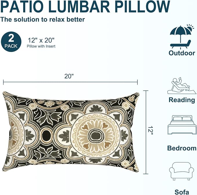 DYTXIII Pack of 2 Waterproof Outdoor Lumbar Pillow with Inserts, 12x20 in Rectangle Decorative Patio Throw Pillow for Home, Sofa,Bench and Patio Furniture, Vintage Medallion