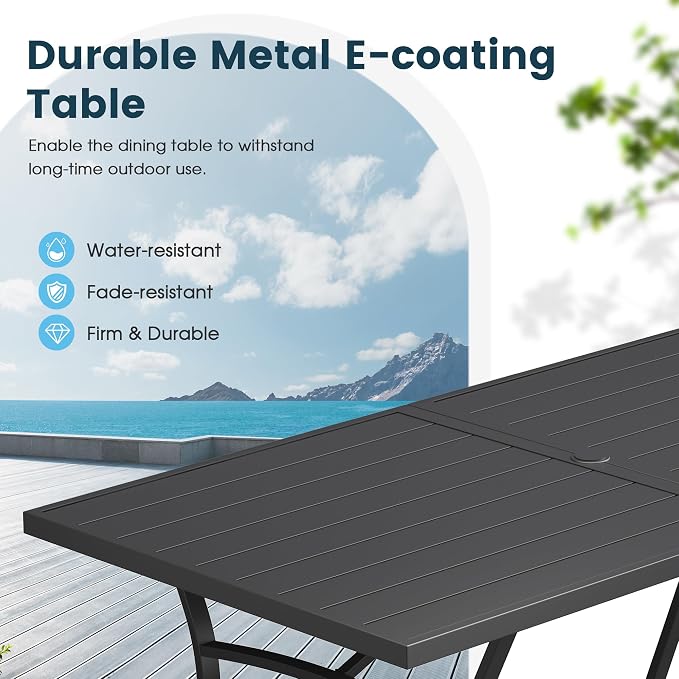 9 Pieces Patio Dining Set, 71" Rectangular Dining Table with Umbrella Hole, 8 Stackable Textilene Fabric Chairs, Metal Structure for Patio, Porch, Garden(Black Table, Blue Chair)