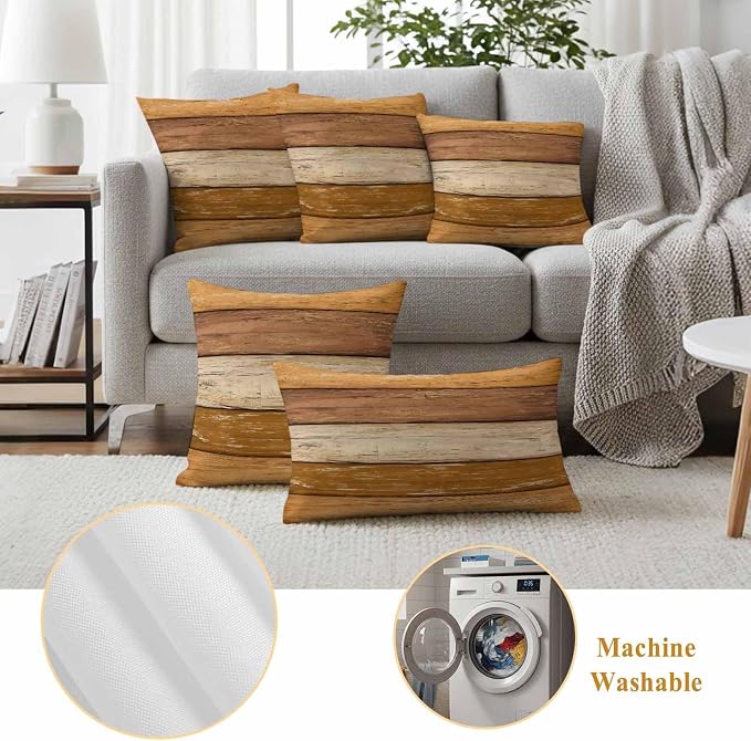 Farmhouse Yellow Brown Outdoor Waterproof Pillow Covers, Vintage Wooden Striped Decorative Rectangle Throw Pillowcase Sofa Cushion Sham for Patio/Couch/Chair, 20"x12" 2 Pack