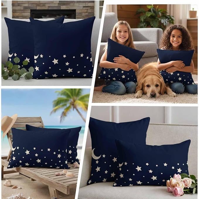 Stars Moon Waterproof Outdoor Pillow Covers Set of 2 Home Decor, Starry Night Navy Blue Lumbar Pillowcase Patio Pillow Covers for Couch Bench Patio Furniture Garden 20x12in