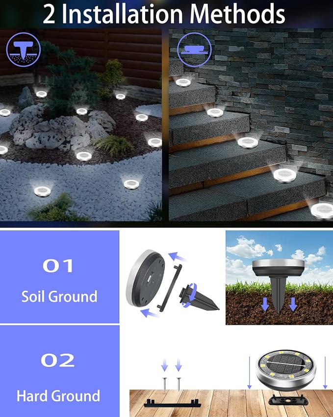 Solar Lights Outdoor Waterproof, 8 Pack 8 LED, Thickened Stainless Steel Ground Light, Solar Garden Lights Landscape Lighting for Patio Pathway Lawn Yard Deck Driveway Walkway, Cool White
