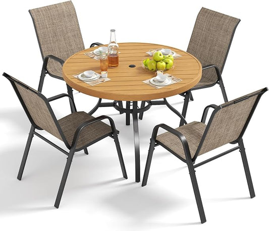 Outdoor Patio Dining Set for 4, 5 Pieces Patio Table and Chairs Set with Umbrella Hole, 41"x 41" Round Metal Wood-Grain Dining Table Set with 4 Stackable Patio Chairs for Deck , Backyard, Porch