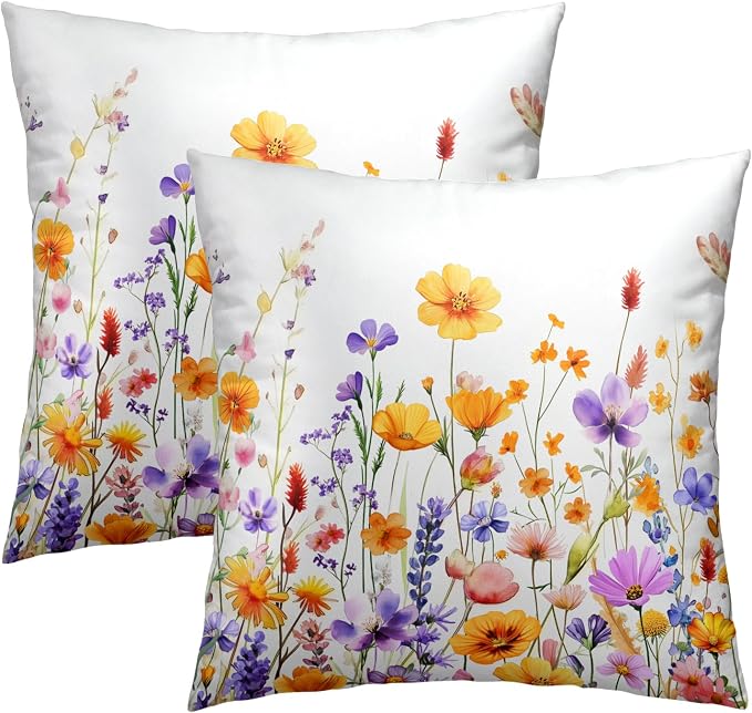 Summer Wildflowers Throw Pillow Covers Set of 2-20x20 Inch Watercolor Orange Purple Floral Printed Washable Pillowcases for Sofa Bed Couch Home Apartment Indoor Outdoor Decor