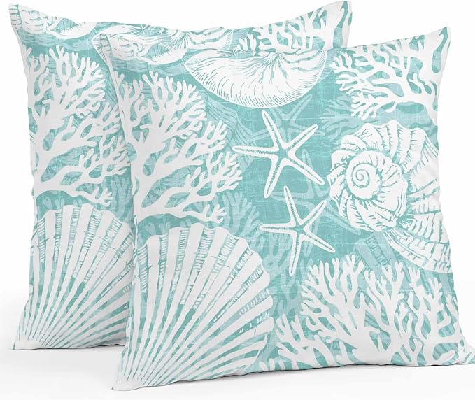 Outdoor Pillow Covers 16x16 Inch Set of 2, Teal Green Starfish Coastal Waterproof Throw Pillow Covers, Summer Coral Shell Beach Nautical Decorative Cushion Pillowcases for Couch Sofa Bed Garden Patio