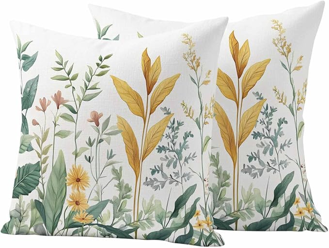 Outdoor Pillow Covers 20x20 Set of 2, Yellow Green Botanical Waterproof Patio Throw Pillow Covers for Couch Sofa Chair, Rustic Watercolor Leaves Decorative Pillowcases for Throw Pillows