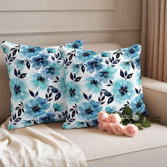Botanical Floral Leaves Outdoor Pillow Covers 20"x20" Set of 2, Watercolor Painting Blue Gradient Blooms Waterproof Throw Pillow Covers for Patio Furniture, Decorative Cushion Covers for Porch