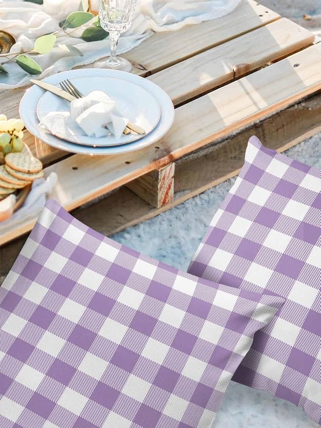 Outdoor Waterproof Throw Pillow Covers Set of 2 Purple Buffalo Check Plaid Pillowcases 24x24 Inches Farmhouse Style Patio Decorative Pillows Cushion Case Patio Pillows for Couch Bed Chair Garden