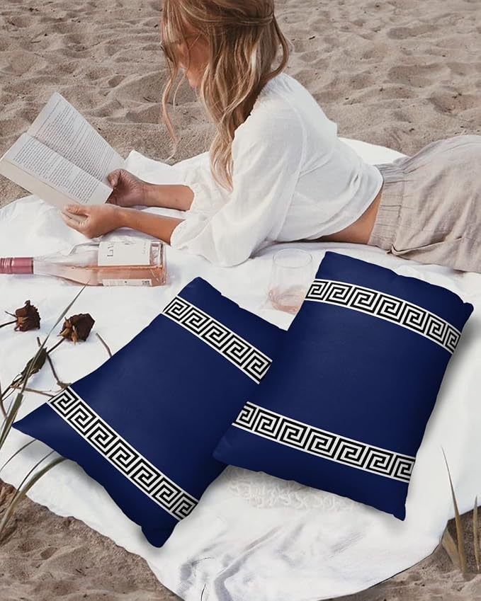 Funy Decor Waterproof Outdoor Throw Pillow Cover Geometric Greek Key Design Lumbar Pillowcases Set of 2 Navy Blue Decorative Patio Furniture Pillows for Couch Garden 20x12 inch