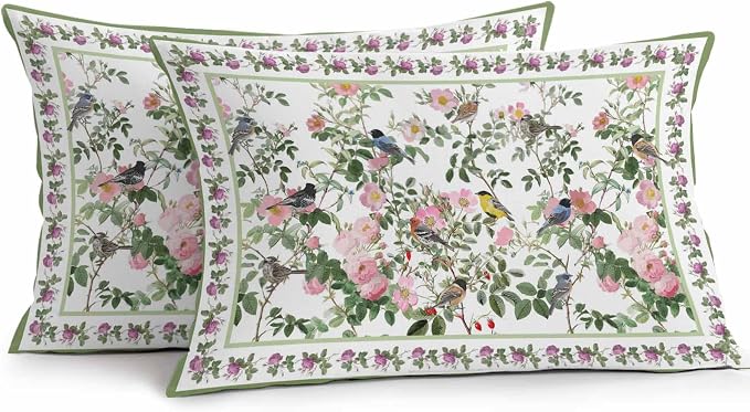 Vandarllin Outdoor Throw Pillows Covers 20x12 inch Set of 2 Waterproof Pink Floral Bird Decorative Zippered Cushion Covers for Patio Furniture, Green Leaves Branches Lumbar Pillowcases