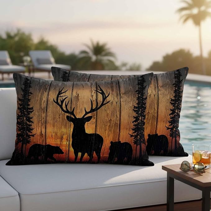 Yukro Wildlife Scene Outdoor Waterproof Pillow Covers Pack of 2, Nature Deer Bear Pine Trees Silhouette Sunset Throw Pillowcases Decorative Cushion Covers for Garden Patio Tent Sofa Couch, 20x12 inch