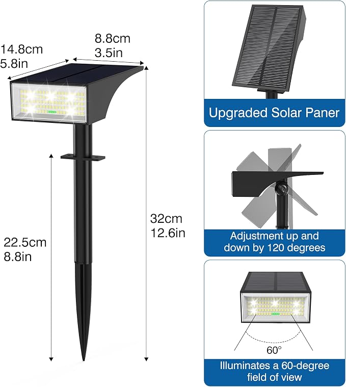 Solar Spot Lights Outdoor Waterproof with Power Display, 2 Pack Cool White | IP65, 4-Level Battery Indicator, 4 Modes Auto On/Off,2-in-1 Mount, for Yard Garden Pathway Walkway Tree Patio Driveway