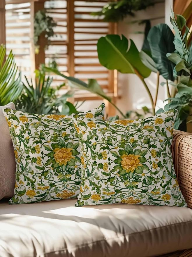 Outdoor Pillows with Inserts Set of 2 18x18, Yellow Green Boho Waterproof Outdoor/Indoor Throw Pillows, Classic Floral Farmhouse Botanical Decorative Pillow for Bed Couch Sofa Patio Furniture