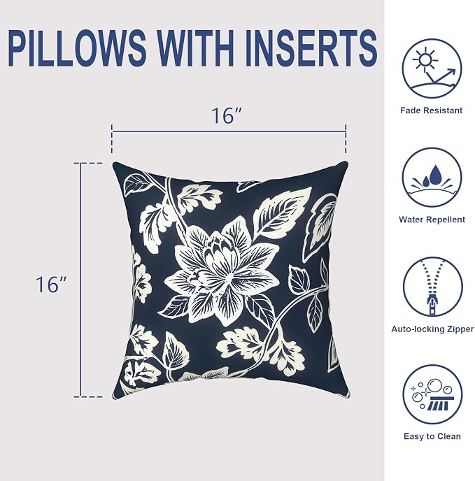 Outdoor Throw Pillows 16x16 Inch, Water Repellent Patio Pillows with Inners Set of 2 for Patio Furniture Home Graden, Elegant Vines Navy