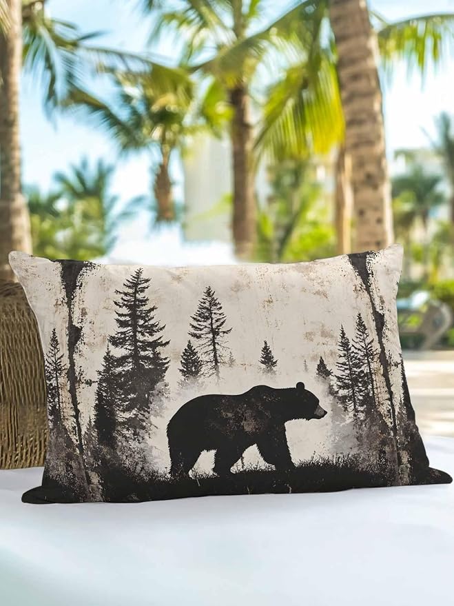Outdoor Waterproof Throw Pillows Forest Brown Bear Silhouette Patio Pillows,Decorative Pillow Covers with Insert,Pillow Cushion Case for Garden Couch Sofa Minimalist Modern Art