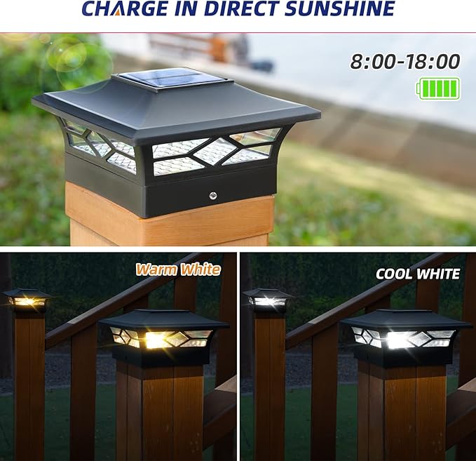 APONUO Solar Post Cap Lights, 4x4 Black Plastic Outdoor Waterproof Lights, Warm White/Cool White LEDs, Fence/Deck Decor, Garden Lighting