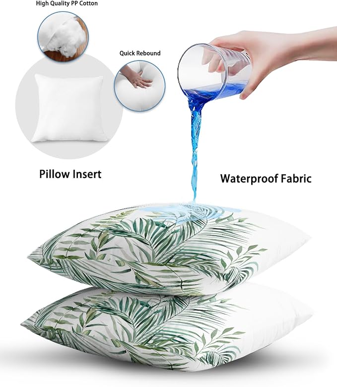 Outdoor Waterproof Throw Pillows Tropical Palm Leaves White Patio Pillows Pack of 1,Decorative Pillow Covers with Insert,Pillow Cushion Case for Garden Couch Sofa Pastoral Green Leaf Plant
