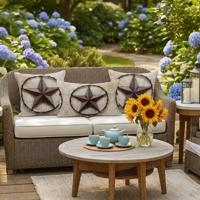 Texas Star Vintage Waterproof Outdoor Pillow Covers Set of 2 Home Decor, Abstract Country Stars Modern Pillowcase Patio Pillow Covers for Couch Bench Furniture Garden 26x26in