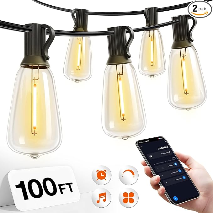 addlon 100FT Outdoor String Lights ST38 LED with APP Control Waterproof | Dimmable Shatterproof Replaceable Bulbs, Connectable Hanging Strand for Porch Backyard Patio Garden Deck Outside