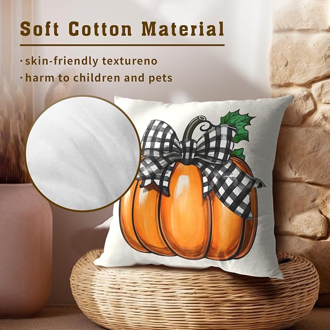 Rustic Autumn Pillow Covers Set of 2, 20x20 Inch Vintage Plaid Farmhouse Pumpkin Design Outdoor Decorative Square Throw Pillowcases for Home Couch Patio or Porch Seasonal Decor