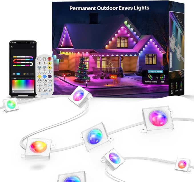 Permanent Outdoor Lights, 100FT RGB+IC Eave Lights, Music Mode | Permanent Outdoor Lights with App & Remote Control, 72+ Preset Scenes, Timer, and IP65 Protection for Homes, Yard