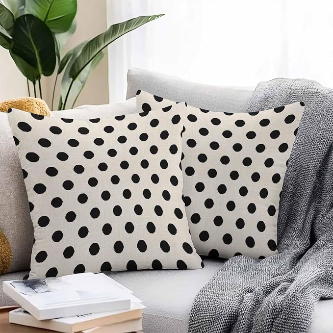 Outdoor Waterproof Throw Pillow Covers Set of 2 Black White Polka Dots Pillowcases 24x24 Inches Cute Solid Color Linen Decorative Pillows Cushion Case Patio Pillows for Couch Bed Chair Garden