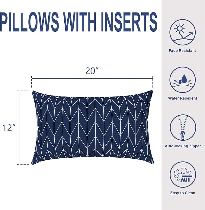 Outdoor Lumbar Pillows, Water Repellent Cushion Pillows 12x20 Inch, Outdoor Pillows with Inserts for Home Garden, Pack of 2, Herringbone Navy