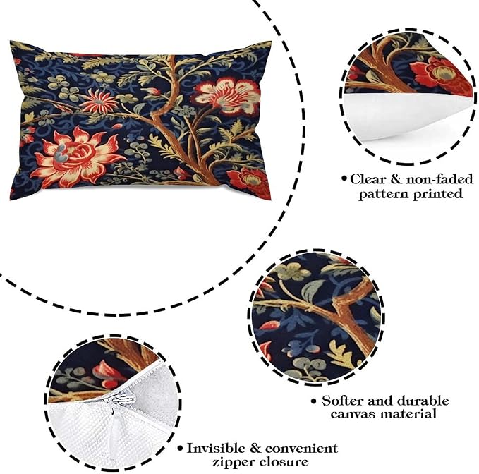 Zipped Pillow Cases for Home Decor Burgundy Gold Navy Blue Floral Botanical Throw Pillow Cover Set of 2 Farmhouse Cushion Cover Cases for Living Room Club Home Decor 12x20in