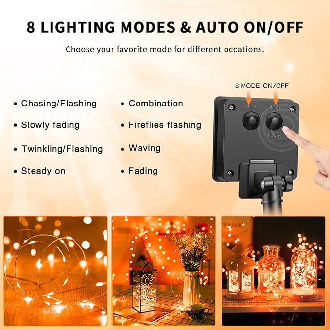 JMEXSUSS 4 Pack Solar Halloween Lights, 33FT 100 LED Orange Fairy Lights | Outdoor Waterproof, 8 Modes Copper Wire Solar String Lights for Outside Garden Yard Patio Tree Halloween Decoratios