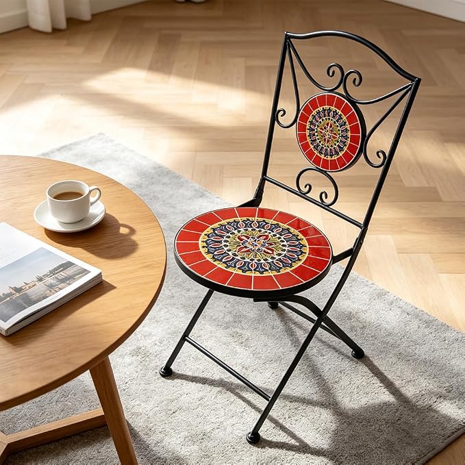 Folding Patio Chairs Set of 2 Mosaic Bistro Chair Outdoor Seating | Garden Patio Furniture Seating Heavy Duty Metal Frame Dining Chairs for Lawn Yard Balcony Porch Backyard Poolside