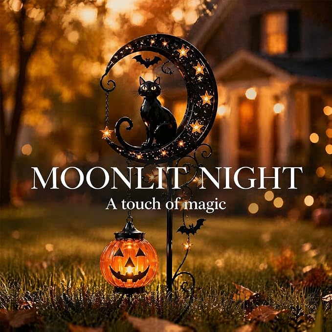 Solar Halloween Black Cat & Pumpkin Moon Garden Stake Light, Outdoor Waterproof LED Yard Decoration with Crescent Moon, Hanging Jack-o'-Lantern Lantern for Garden, Patio, Walkway, Porch (Style B C)