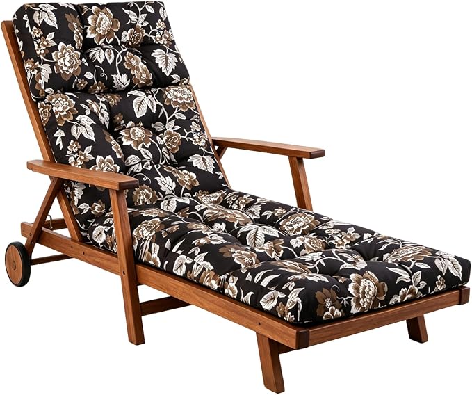 Patio Chaise Lounge Cushions, 70.5"x21"x4" Waterproof Replacement Beach Pool Lawn Outdoor Lounge Chair Cushion, Non-Slip Bottom & Secure Ties for Outdoor Furniture，Flower Black, 1Count