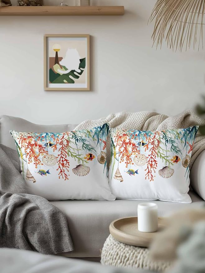 Outdoor Waterproof Throw Pillows Summer Colorful Coral Shell Conch Patio Pillows,Decorative Pillow Covers with Insert,Pillow Cushion Case for Garden Couch Sofa Sea Starfish Fish Marine Life