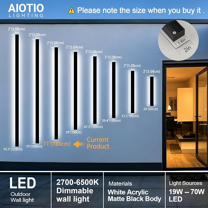 AioTio Outdoor House Lights Fixture Wall Mount,2pack 70.8inch Modern Long LED Black Outdoor Exterior Wall Sconce,Dimmable Waterproof Linear Wall Light, Outside Lighting for House,Porch