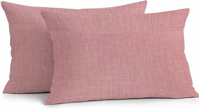 Vandarllin Outdoor Throw Pillows Covers 20x12 inch Set of 2 Waterproof Peach Pink Linen Decorative Zippered Cushion Covers for Patio Furniture, Farmhouse Pure Color Lumbar Pillowcases