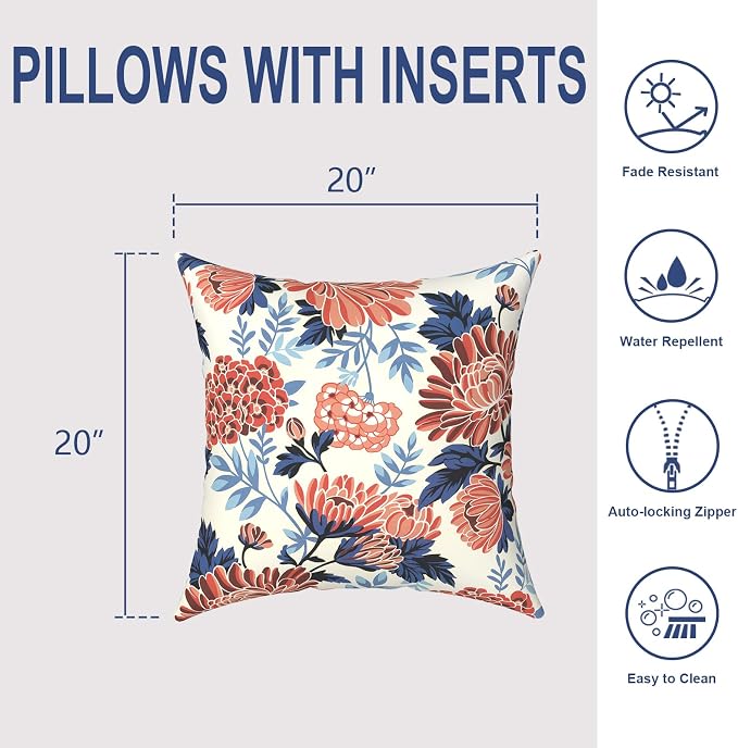Outdoor 20x20 Inch Throw Pillows with Inners, Square Pillows Decorative Set of 2 for Home Garden Furniture, Red Chrysanthemum