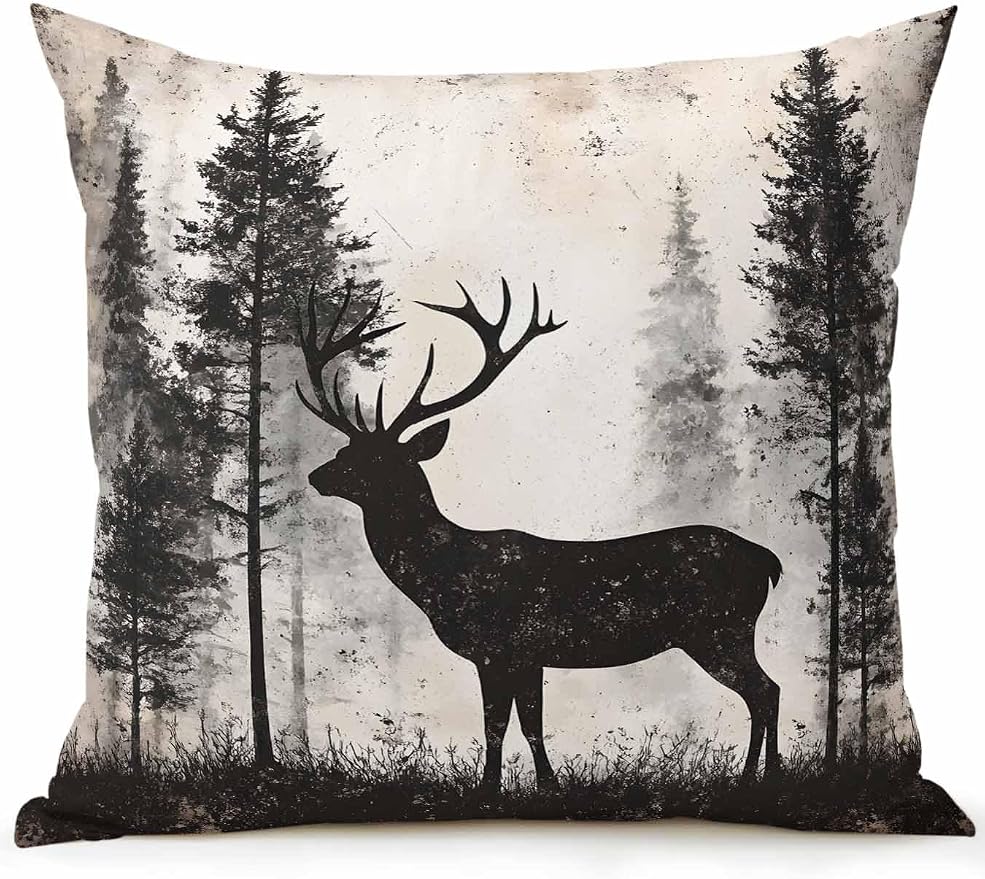 Outdoor Pillows Waterproof, Forest Deer Bedding Throw Pillows with Insert for Couch Sofa Bed, Rustic Country Wildlife Woodland Black Beige 18x18 Inch Pillowcases Camping Patio Pillow Set of 1