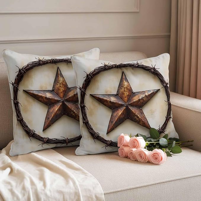 Texas Star Rustic Waterproof Outdoor Pillow Covers Set of 2 Home Decor, Vintage Country Stars Modern Abstract Pillowcase Patio Pillow Covers for Couch Bench Furniture Garden 24x24in