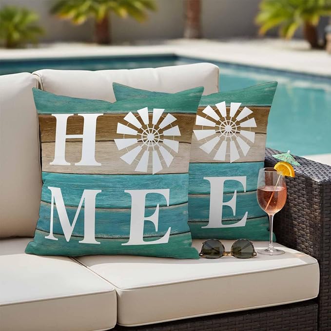 Outdoor Pillow Covers Set of 2, Home Windmill Farmhouse Wooden Decorative Throw Pillow Covers 18X18IN, Farm Teal Wood Board Throw Pillows Protector Cushion Case for Patio,Couch,Sofa,Garden